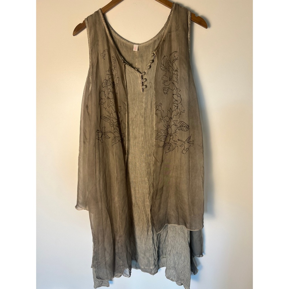 Boho Layered Tunic Dress Wm LG Taupe Linen Blend Floral Embroidered Flowy Beach